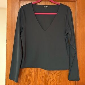 Dark Green Deep V-Neck Long Sleeve Top